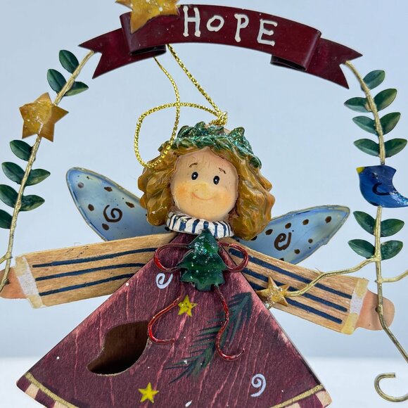 Hand-Painted Wooden Angel Ornament With "Hope" Banner Metal Wings Leaf Accents - Picture 2 of 10